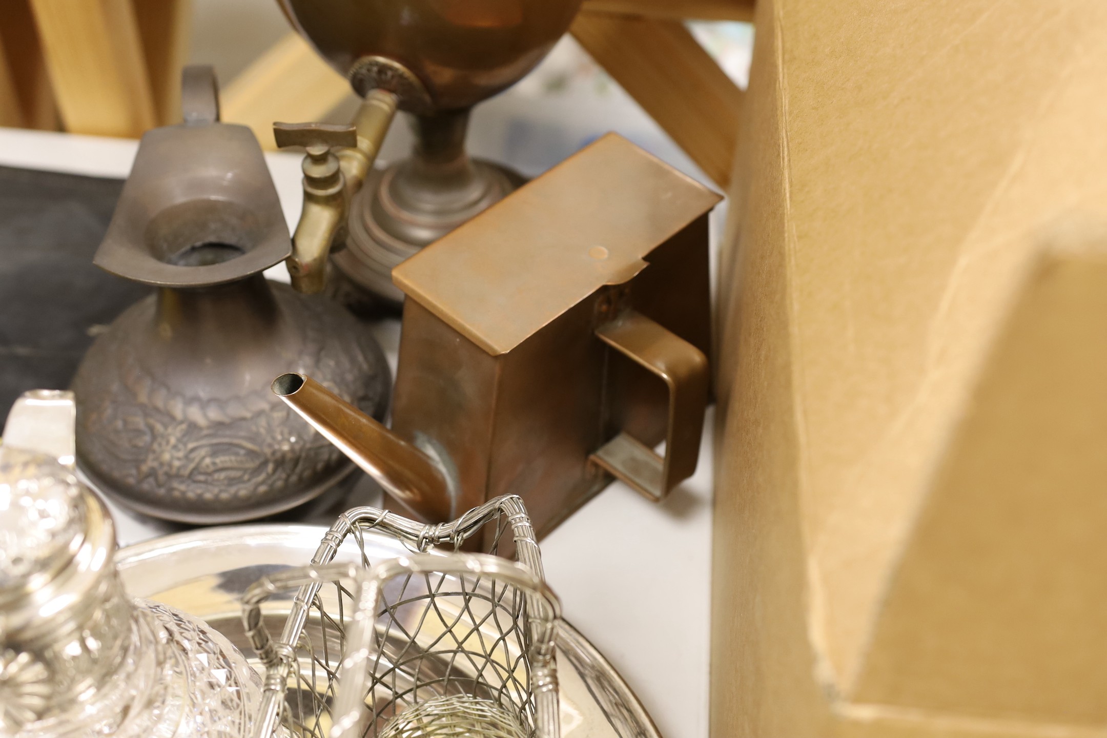 Mixed silver plate including tray, jug etc. and other metalware